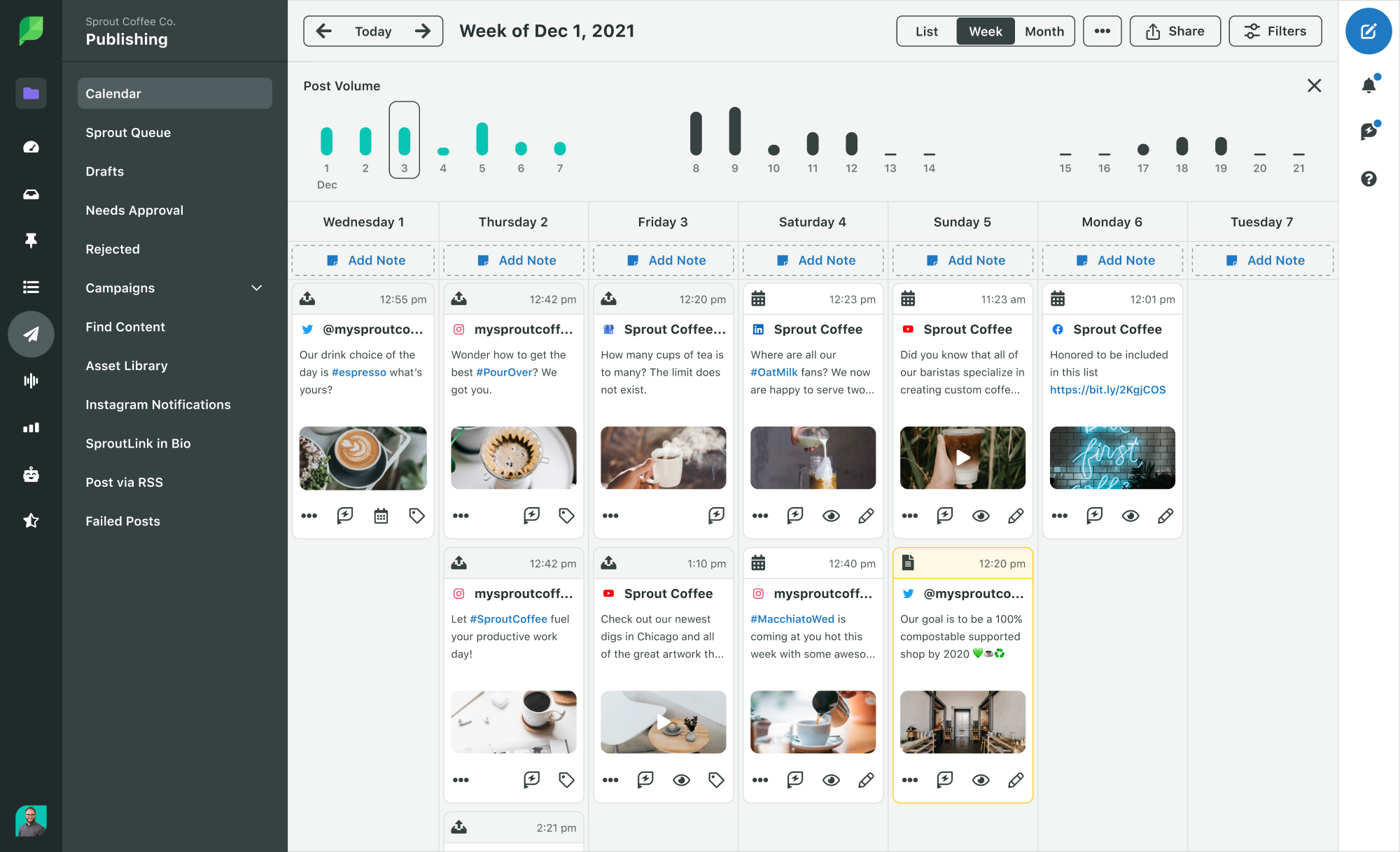 Sprout Social's weekly publishing calendar view displaying multiple social posts scheduled across multiple profiles and platforms