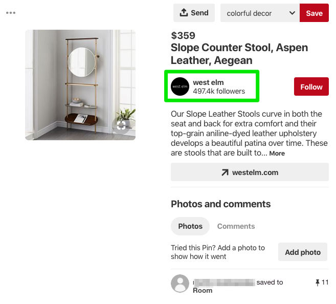 Pinterest Snapshot of West Elm Account