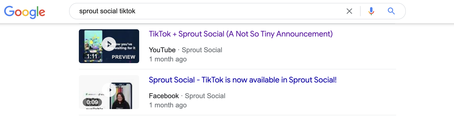 A screenshot of a Google search for "Sprout Social TikTok" demonstrating that YouTube videos display in Google Search.