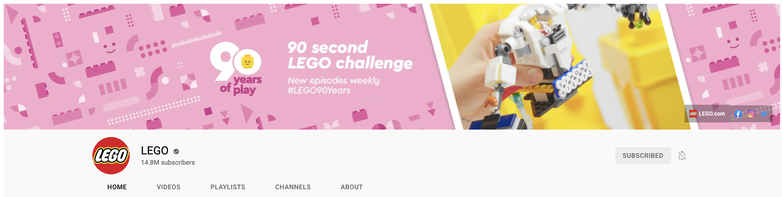 Lego's bright pink youtube banner image that includes text informing viewers of their weekly video series. 