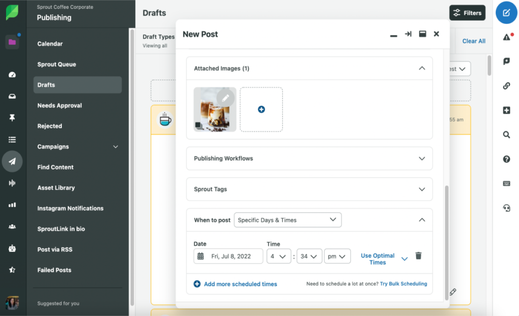 Screenshot of the Sprout Social Pinterest publishing using ViralPost Optimal Send Times.