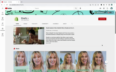 Gif of Shopify's YouTube homepage where their trailer shows how to use Shopify.