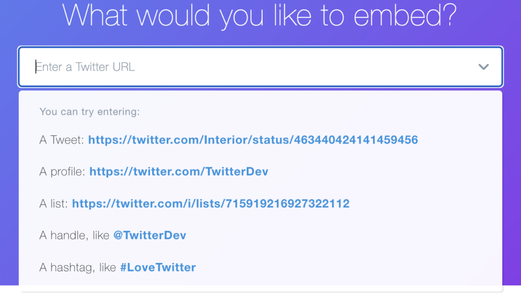 Screenshot of the Twitter Embed Tool dropdown options.