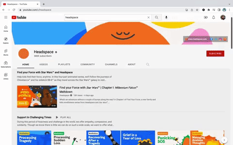 A gif of headspace's YouTube channel where Shorts are at the bottom of their channel