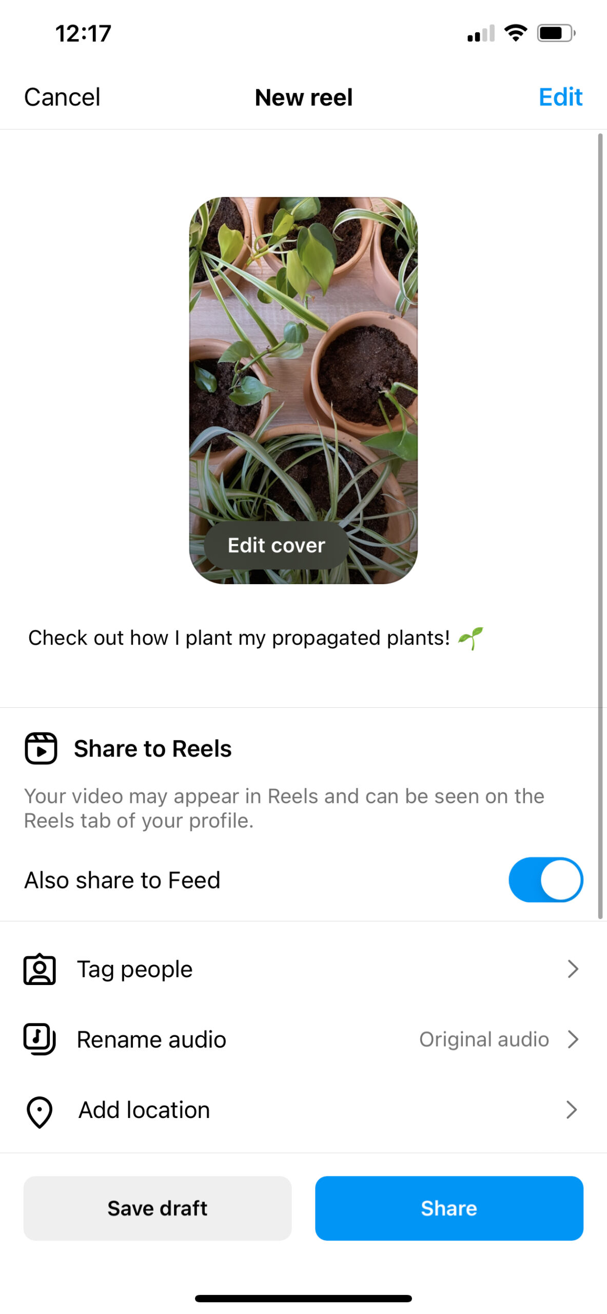 The final editing screen where you prepare your Instagram Reel for publishing by adding a cover image, caption, choosing whether or not to share on your feed and more.