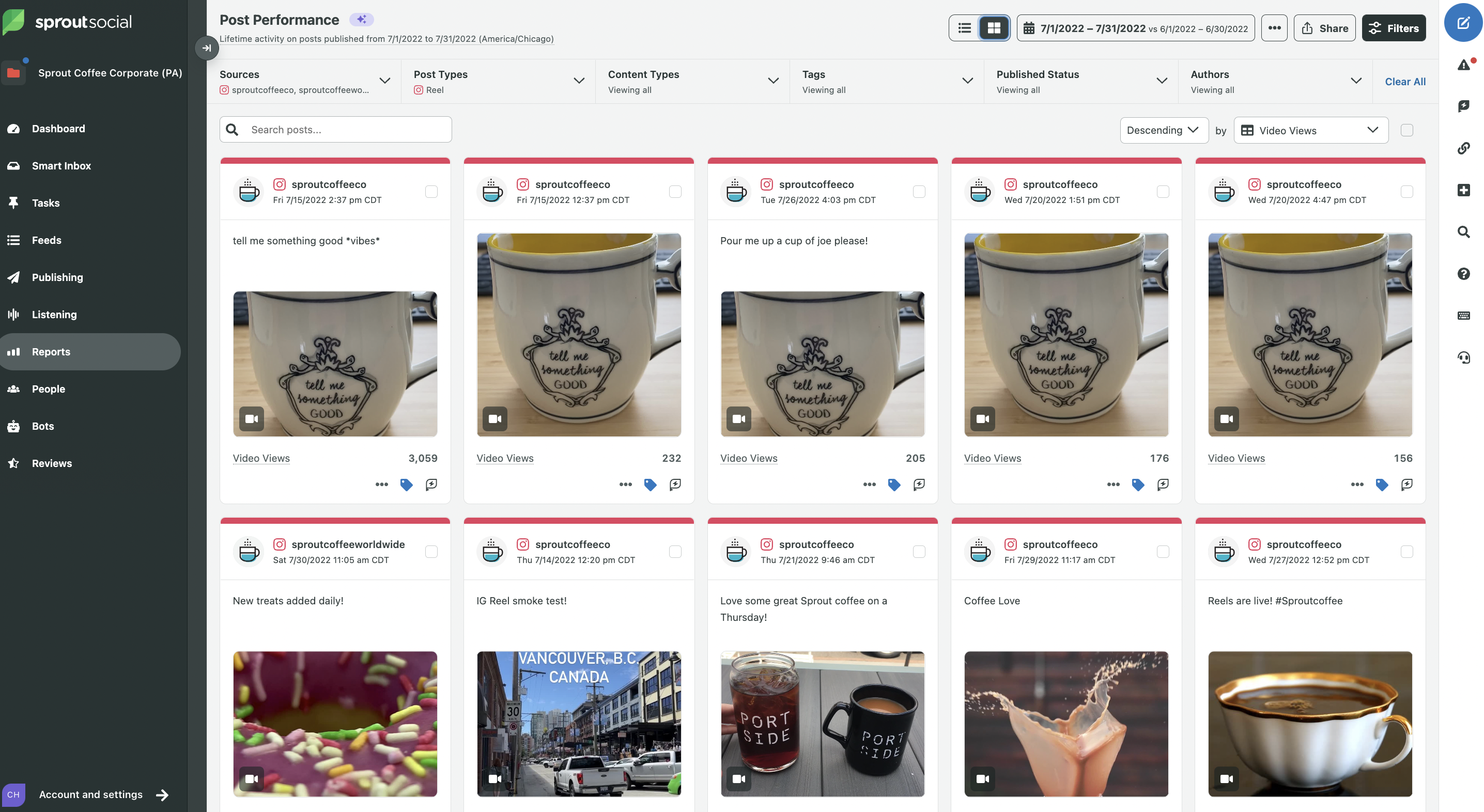 Data for Instagram Reels appearing in Sprout Social's reporting and analytics tools 