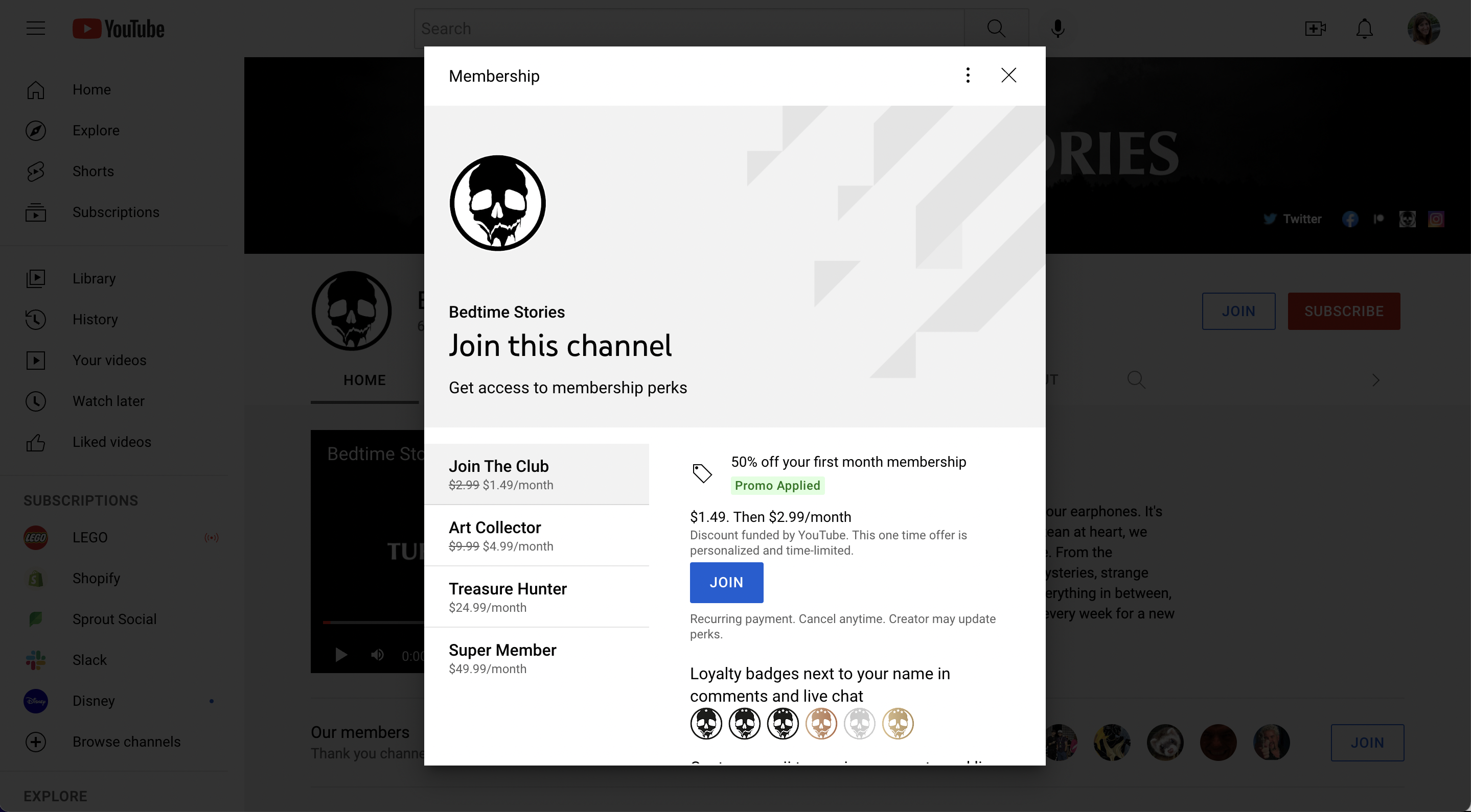 A screenshot of the YouTube Channel Bedtime Stories demonstrating what their channel membership offering looks like. 