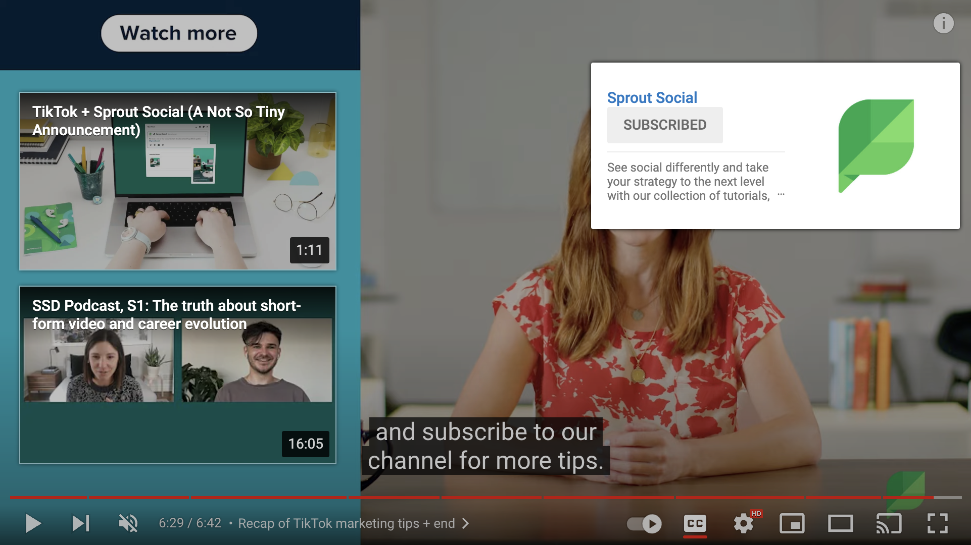The end screen of a Sprout Social YouTube video that includes two video cards you can click and watch and a subscribe button