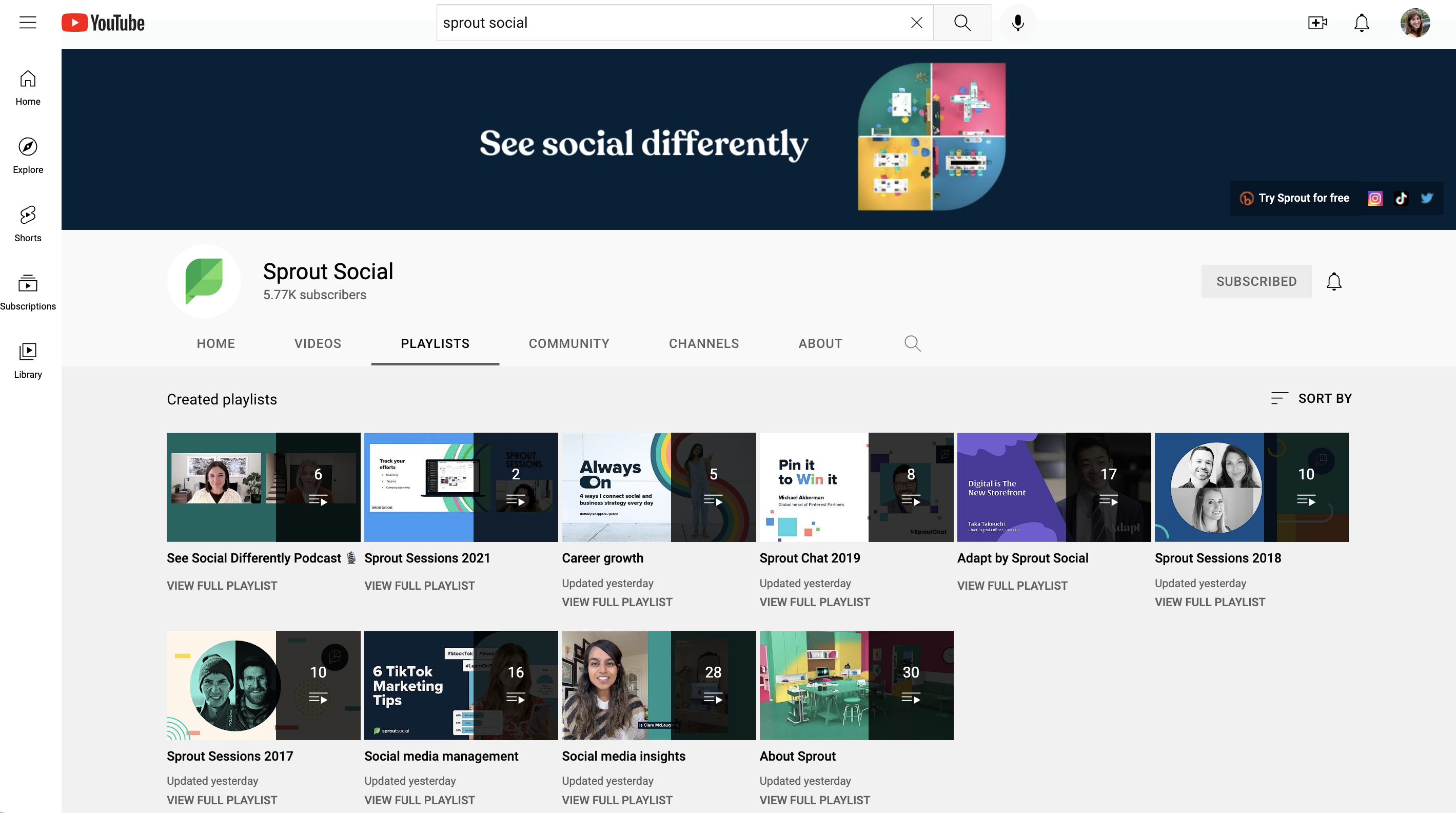 A view of the playlists on Sprout's channel, including a playlist for the Sprout podcast, Sprout Sessions and more