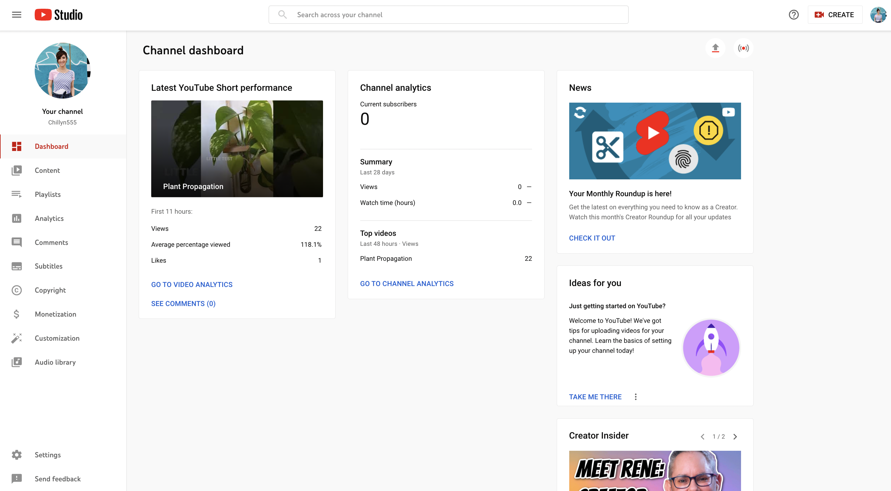 A view of the youtube channel dashboard where you can see channel analytics, latest video performance, ideas for you from YouTube and more