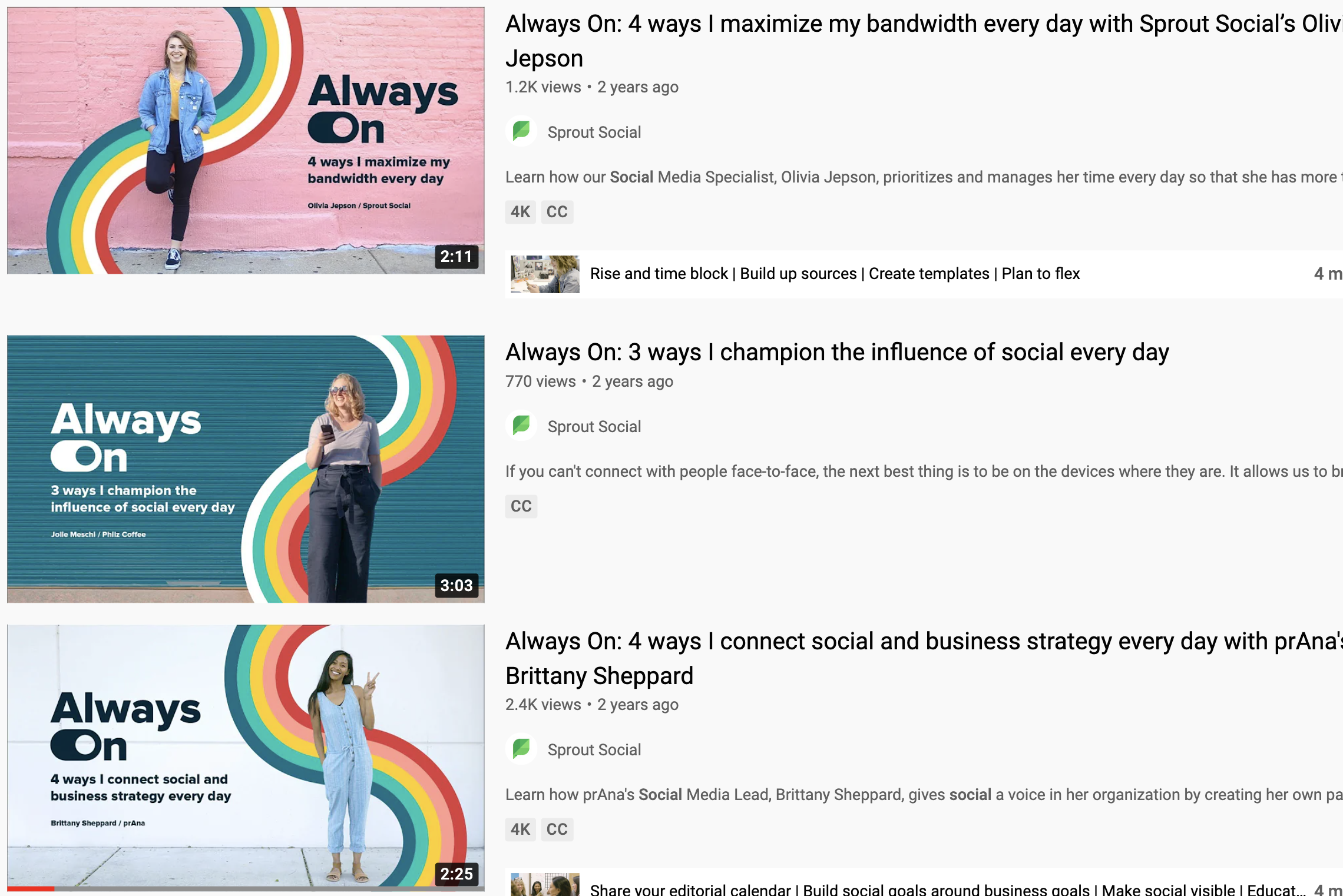 A screenshot of Sprout's Always On YouTube series showing how each video has the same thumbnail