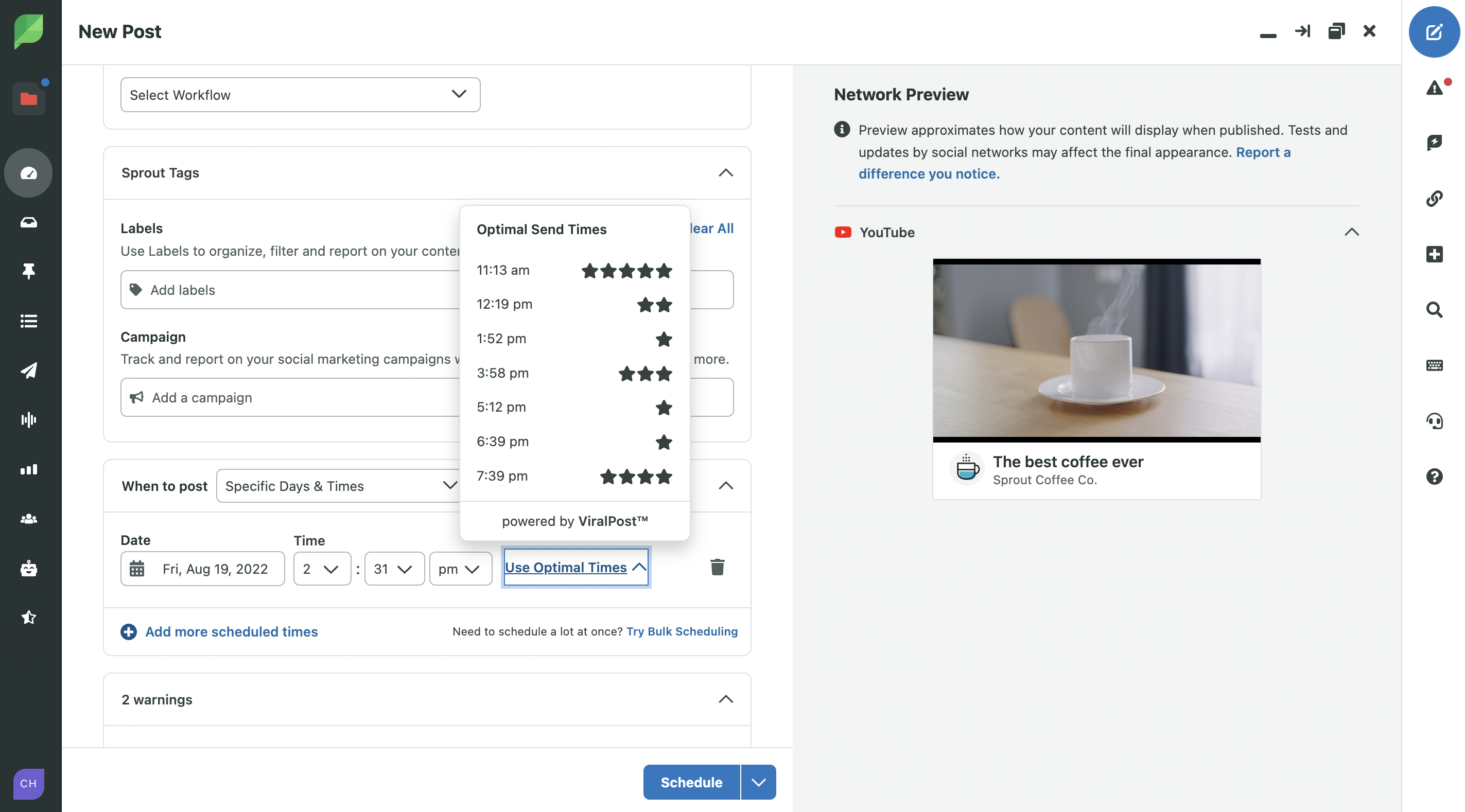 A view of Sprout Social's Compose window where Sprout's optimal send times is providing the best times to publish on YouTube for more audience engagement. 