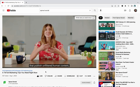 A gif showing an example of youtube cards on a sprout video that all link out to sprout social articles.