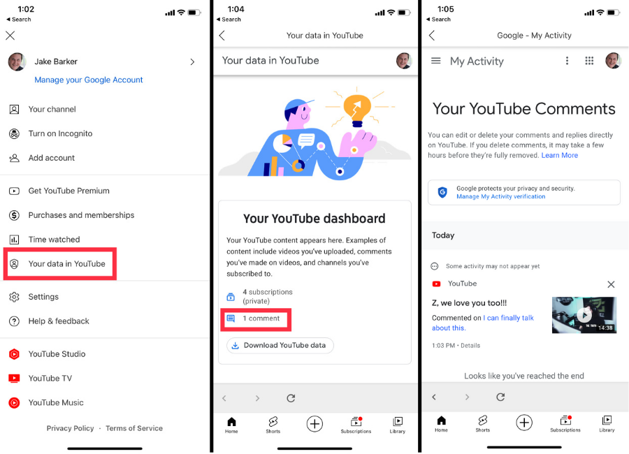 Three mobile screenshots stitched together outlining steps to find your YouTube comment history on mobile.