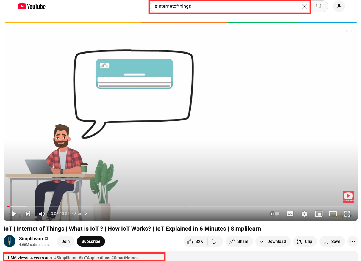 When searching for #InternetOfThings on YouTube, the first video includes a few relevant hashtags to the search.