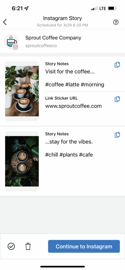 Screenshot of Sprout Social's mobile publishing workflow for an Instagram Story.