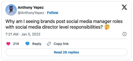 Anthony Yepez tweet about how social media manager job roles have director-level responsibilities.