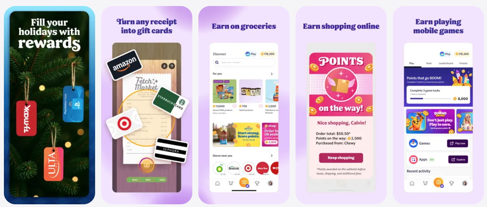 Four screenshots of the Fetch app from the App Store.