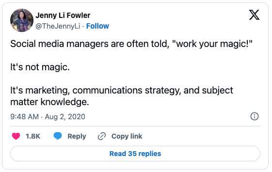 Tweet by Jenny Li Fowler about how social media managers are told to "work your magic."