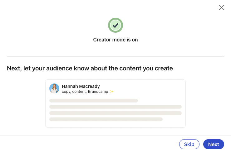 Screenshot of confirmation that LinkedIn creator mode is on.