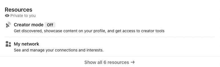 LinkedIn Resources section in a personal profile with Creator Mode disabled.