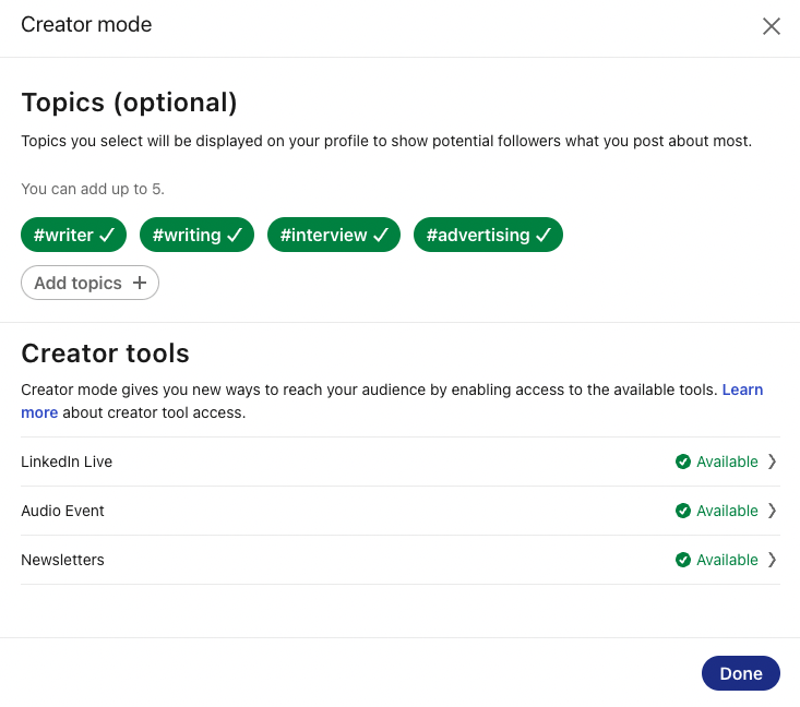 Screenshot of LinkedIn creator mode settings and the optional ability to select topics or hashtags to add to your profile.