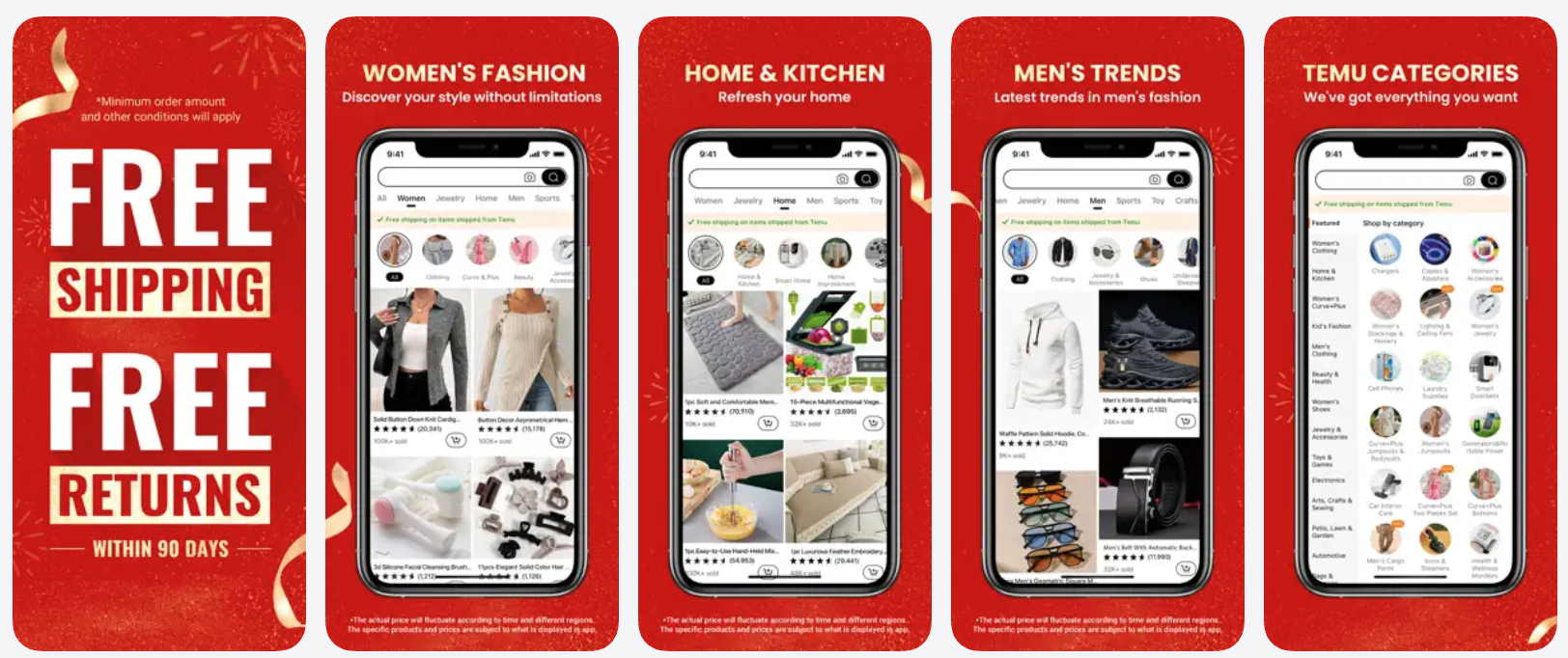 Four screenshots of the Temu app from the App Store.