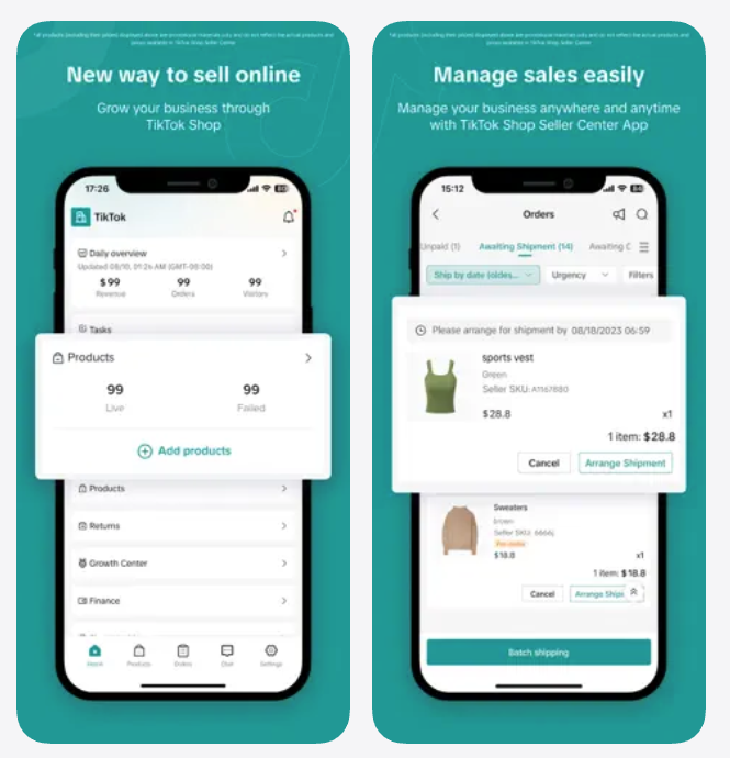 Two screenshots of the TikTok Shop Seller app from the App Store.