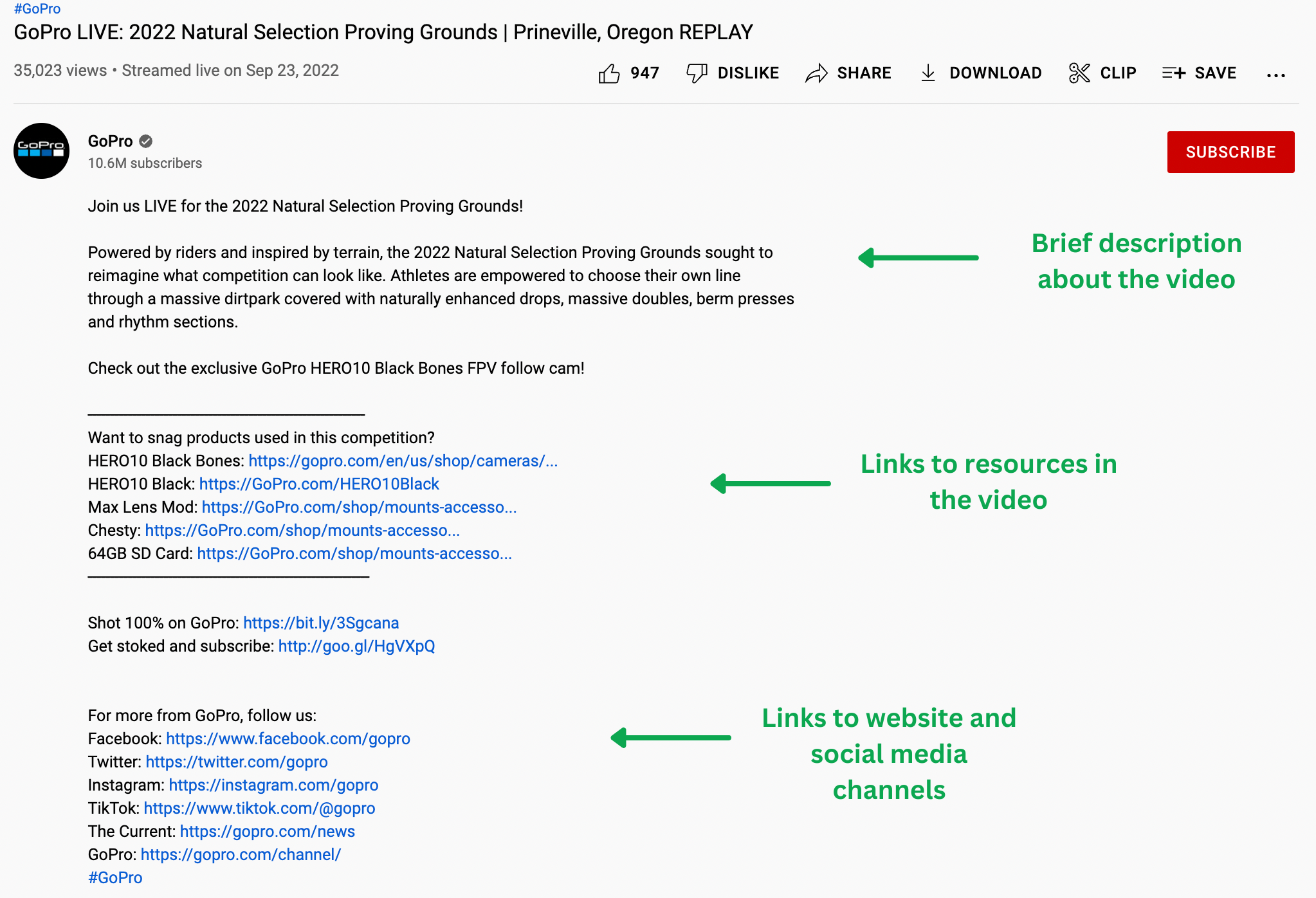 A robust description of one of GoPro's live videos which includes links to products, resources and social accounts