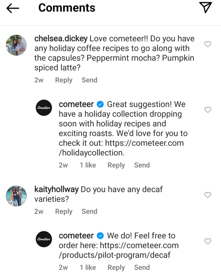 cometeer responding to Instagram followers