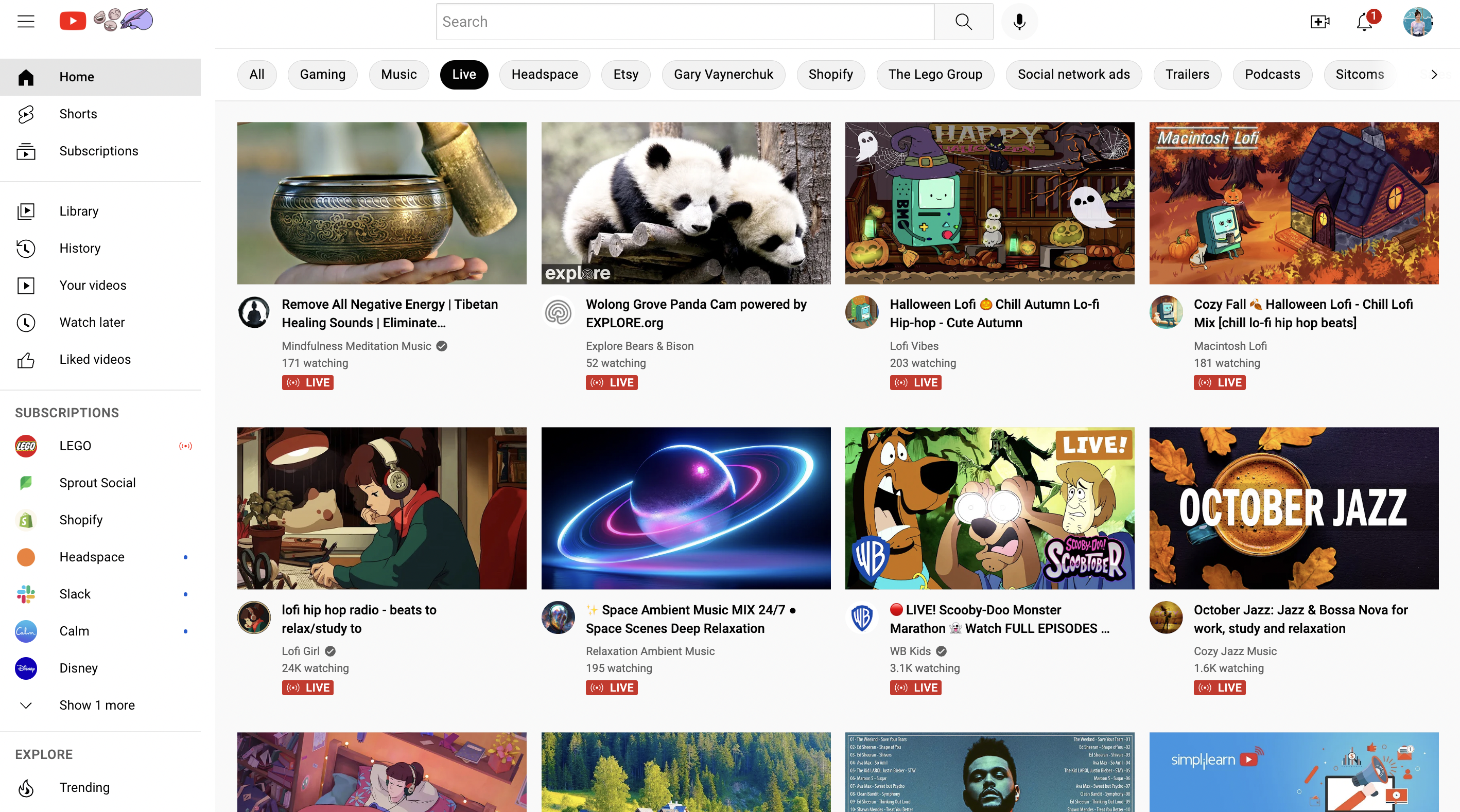 A view of YouTube's live content tab, displaying all content currently streaming live on YouTube