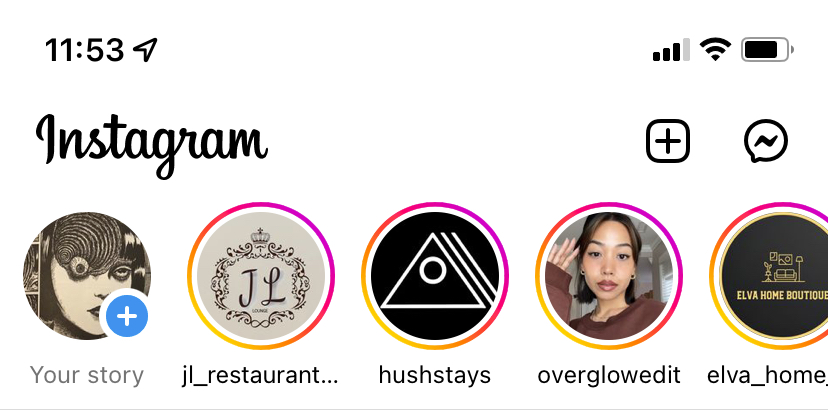 Instagram Stories feed showing several active Stories