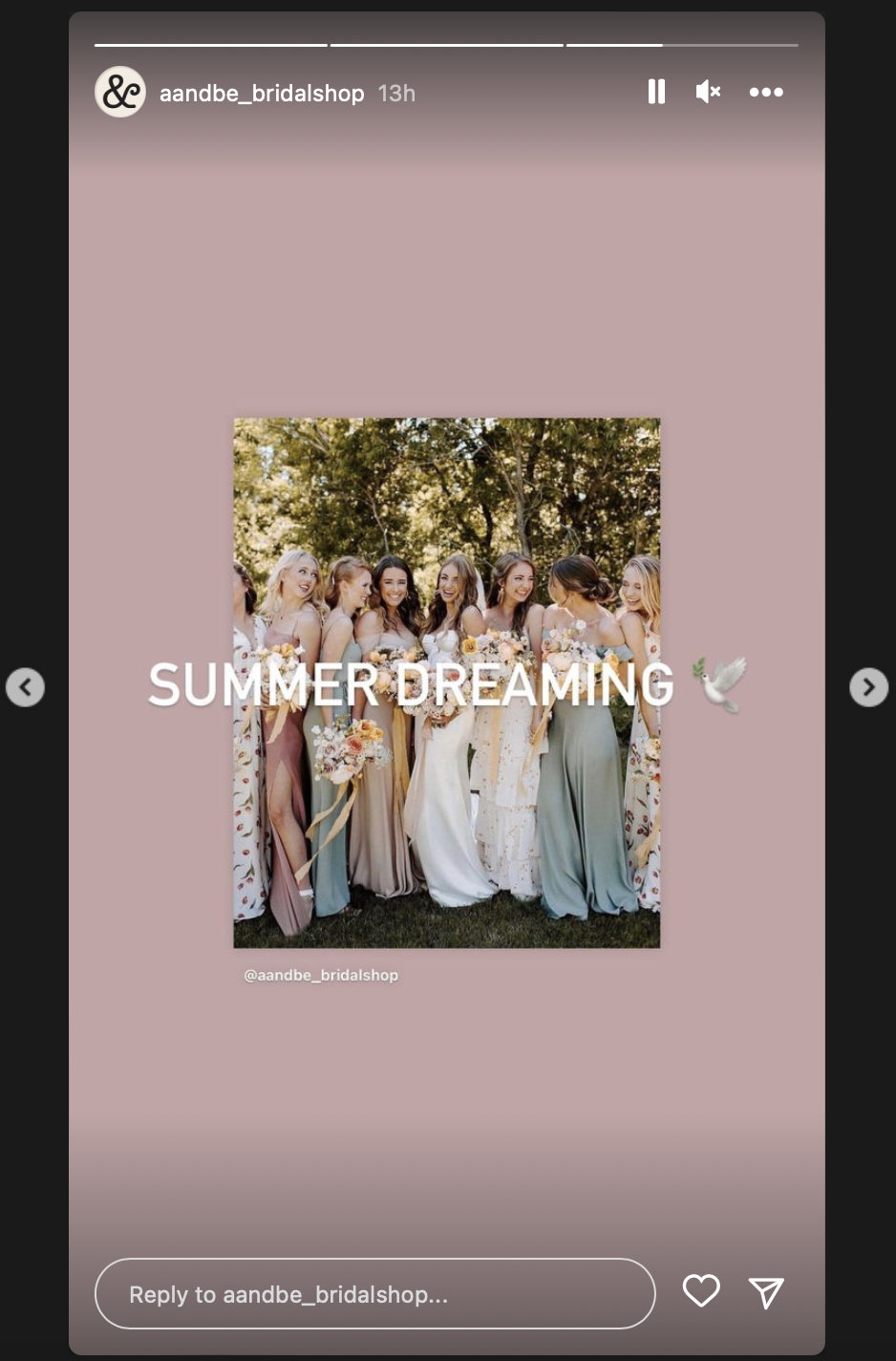 Instagram Story from A&Be bridal shop where a regular post is shared with "Summer Dreaming" written across the post.