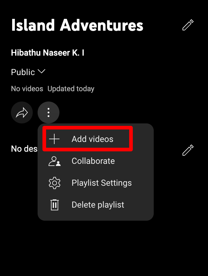 Menu on YouTube to add videos to an existing playlist