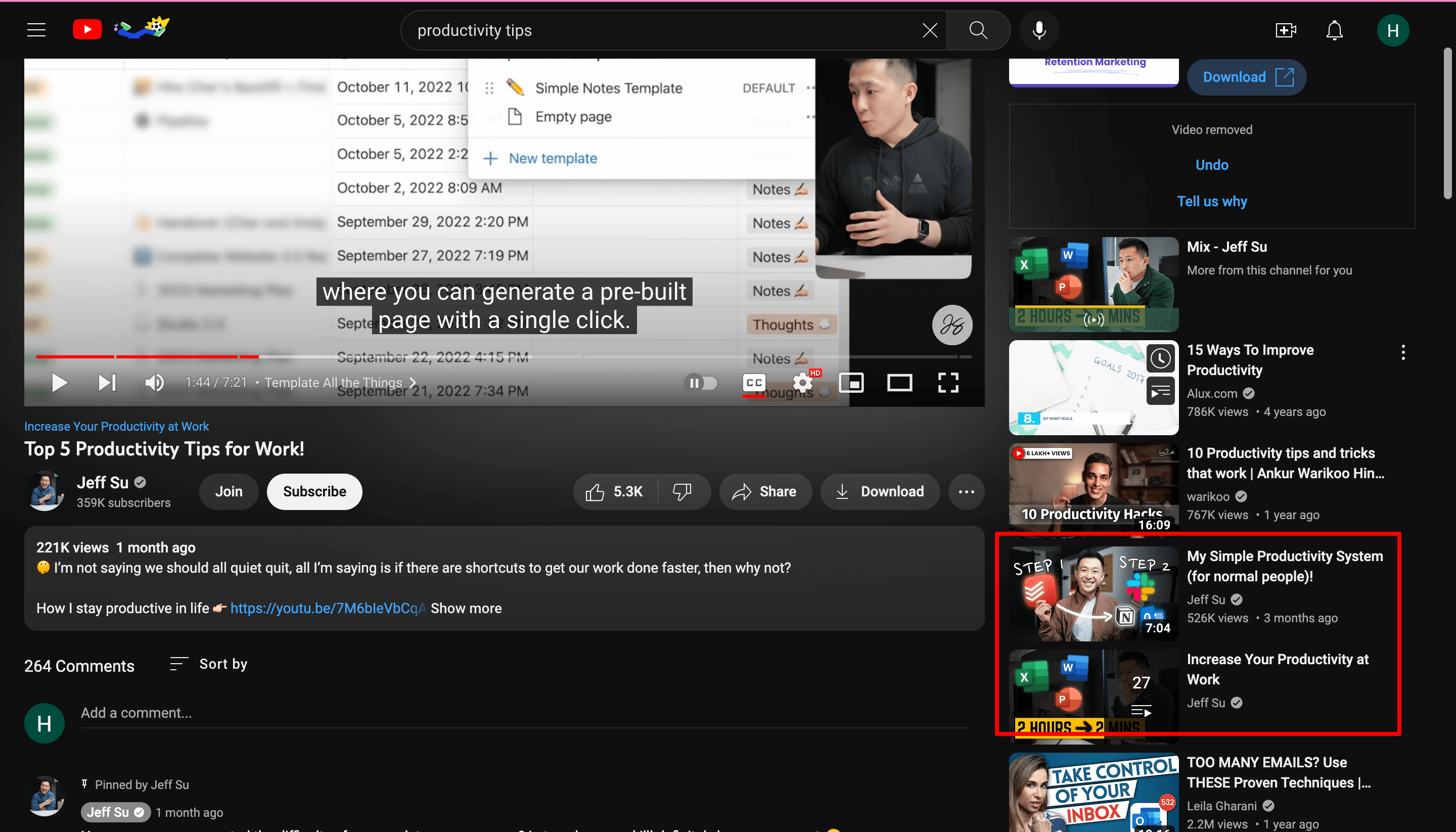 YouTube video player window with a list of suggested videos on the right and a red box around two videos being suggested from the same playlist