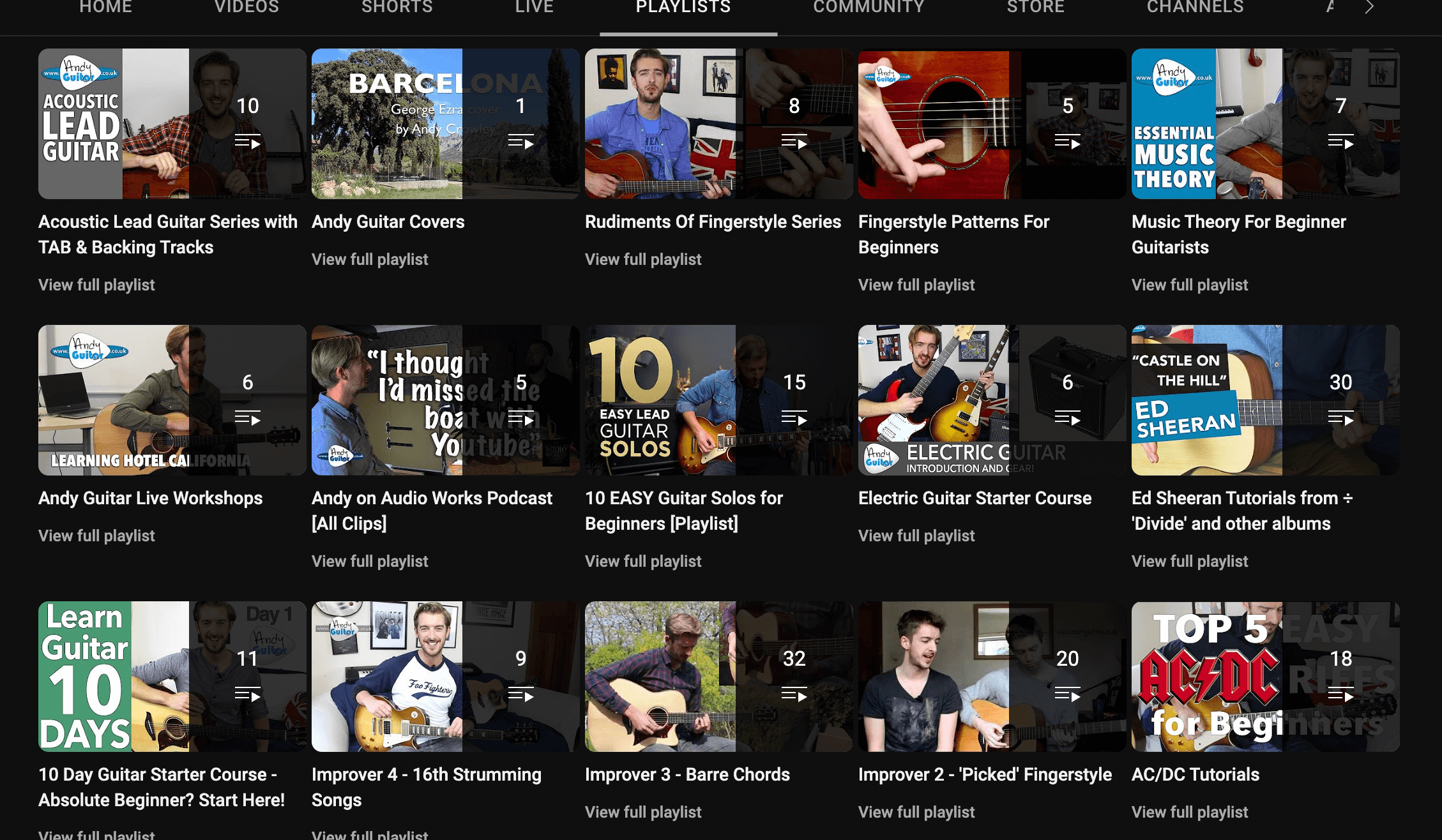 YouTube playlist on YouTube channel homepage for guitar lessons organized by learning level