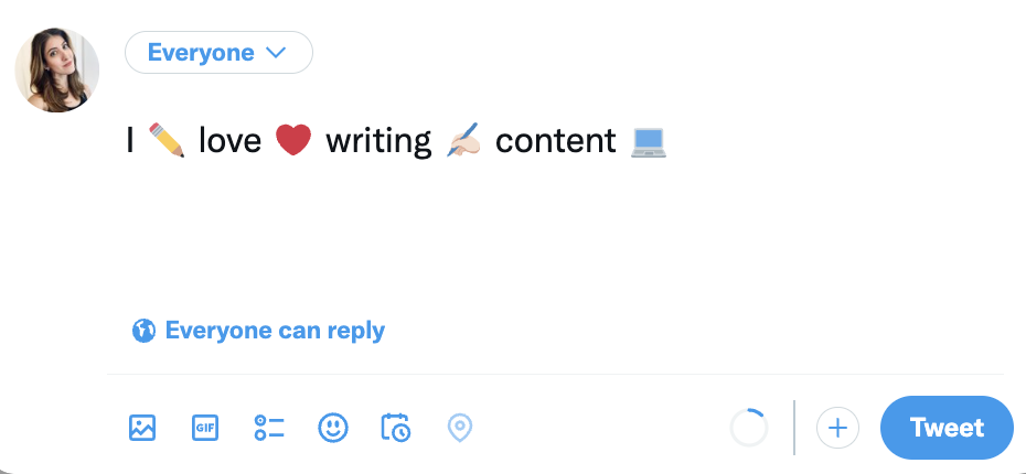 A drafted tweet with a sentence that contains an emoji in between each word to demonstrate an example of a sentence that screen readers would not read well. The sentence reads I pencil emoji love heart emoji writing hand holding pencil emoji content computer emoji