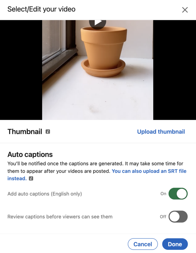LinkedIn's auto caption function, where you can toggle on the option to review captions before content is published.