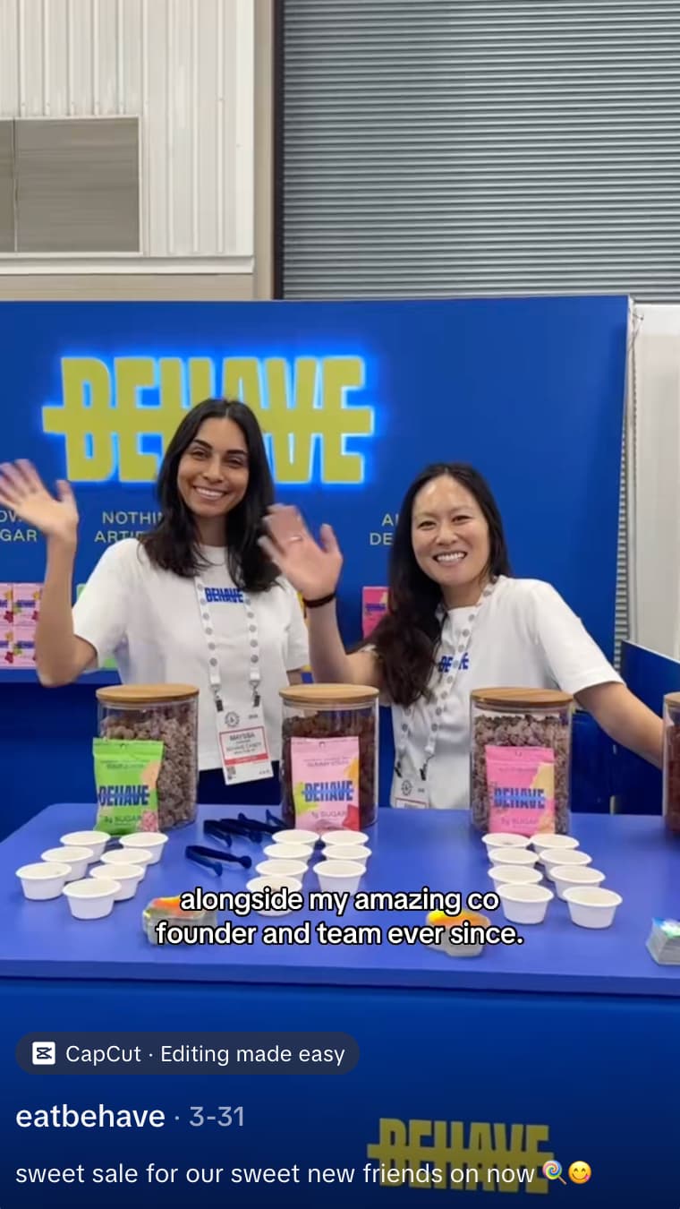 TikTok post from EatBehave, a candy brand, that tells narratives of it's underdog story as a brand