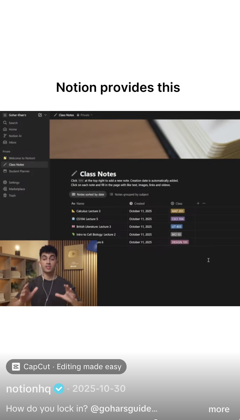 TikTok post from Notion showing viewers of how to stop procrastinating using Notion