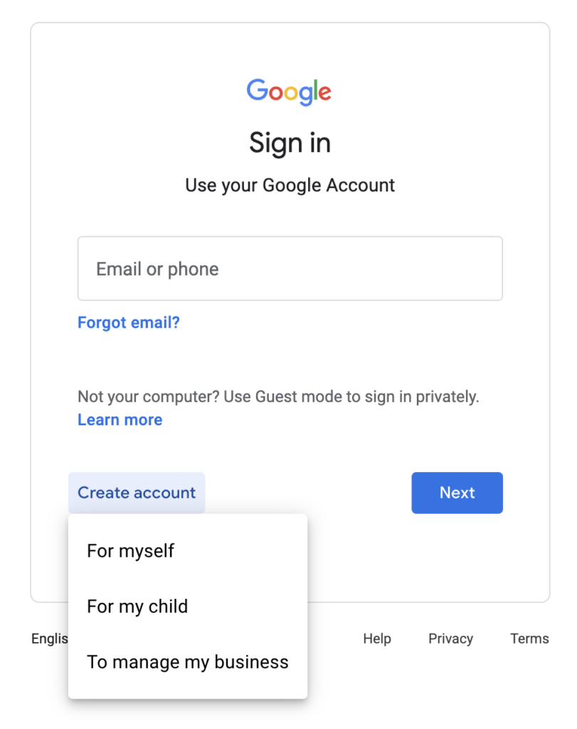 The Google sign in window where you can create an account for yourself, your child or to manage your business.