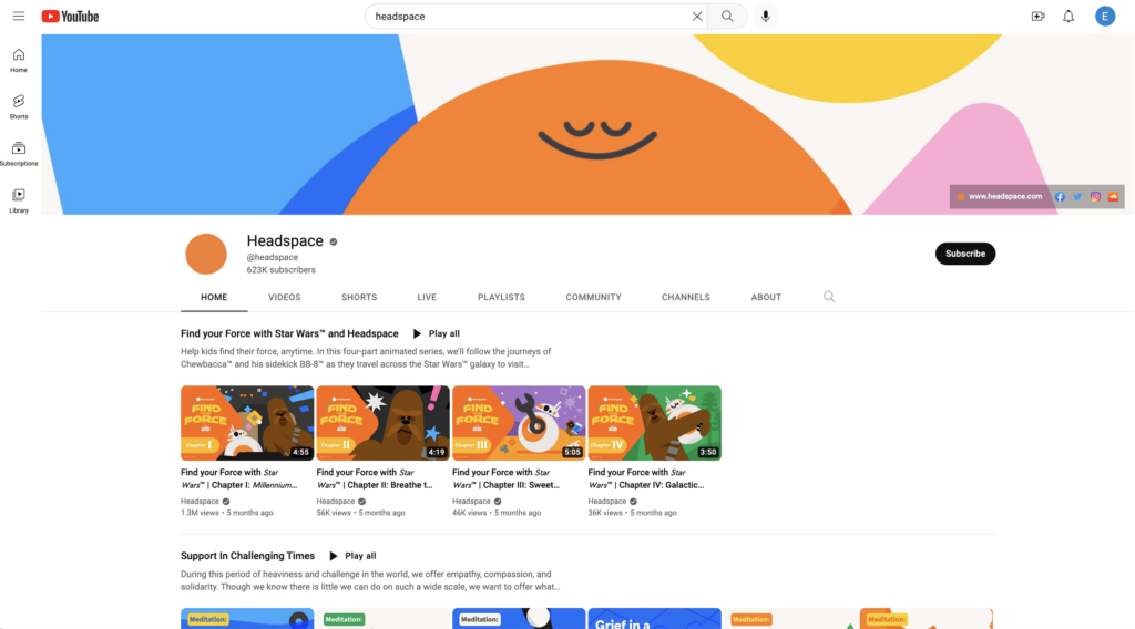 Headspace's YouTube channel where their banner image art, profile picture and video thumbnails all share similar colors and graphics.