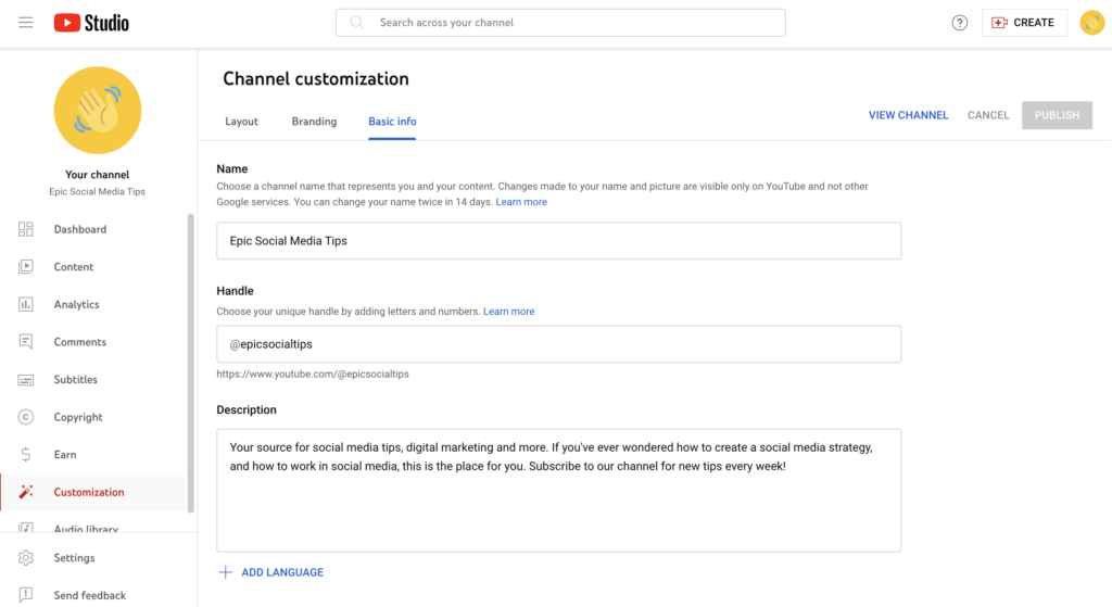 The YouTube studio window where you can customize your channel. The options on the screen we can customize are the name of the YouTube channel, the handle of the channel and the channel description.