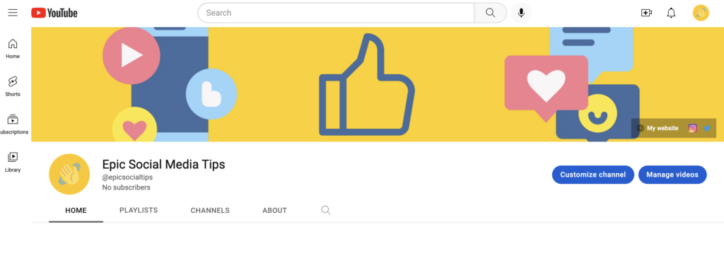 A YouTube channel with a bright yellow hand wave emoji logo and bright yellow banner image with several social media icons on it fully set up.