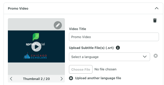 The Compose feature and interface in Sprout Social where you can add SRT files to videos you upload to Facebook, X or YouTube.