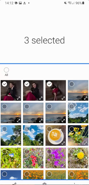 Samsung phone screen showing 3 photos selected in the Gallery