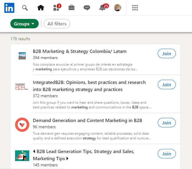 LinkedIn Groups "B2B marketing strategy" search results 