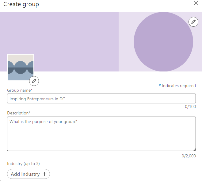 LinkedIn Groups - showing Create Group form from logo and cover image to industry