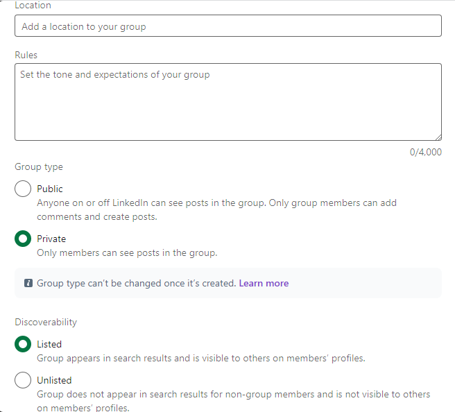 LinkedIn Groups - Create Group form from Location to Discoverability options