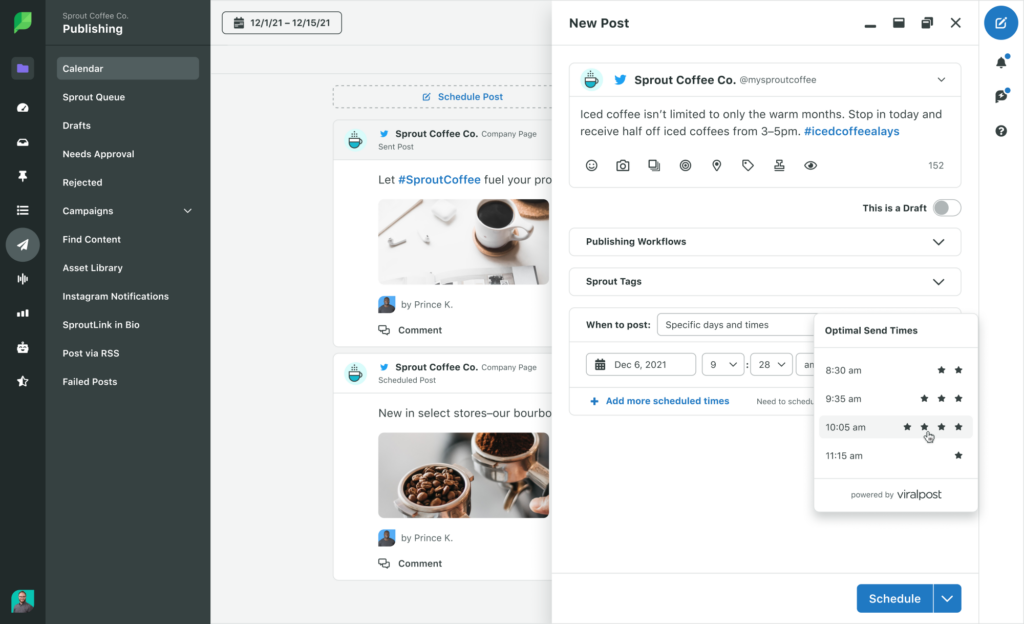 Screenshot of Sprout's Publishing Calendar in list view, with the compose flyout box and the mouse curser over the ViralPost Optimal Send Times feature.